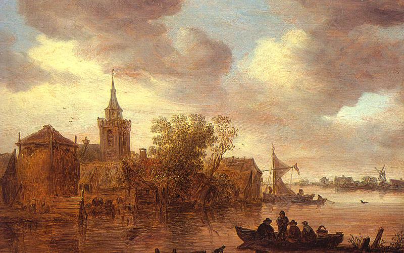 Jan van  Goyen A Church and a Farm on the Bank of a River Sweden oil painting art